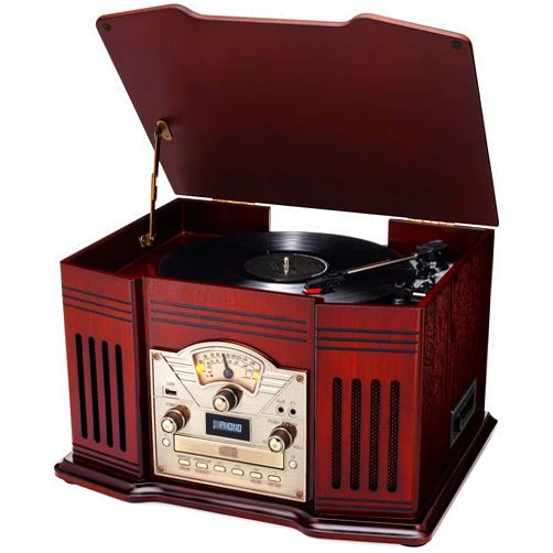 ClearClick All-in-One Turntable with 3-Speed Record Player, Bluetooth, CD, Cassette Tape, AM/FM Radio, Aux, USB, Built-in Speakers, Handmade Wooden Exterior