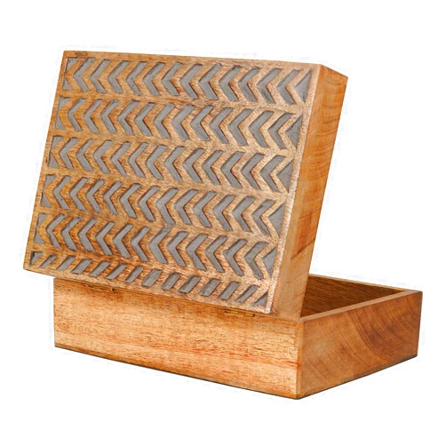 Mela Artisans Arrow Light Burnt/Grey Wooden Box - Extra Large Decorative Box w/Felt Pads Underneath & Wooden Carving - Unique Handmade Mangowood Keepsake Storage Box for Home - 10.5 x 7.5 x 4”