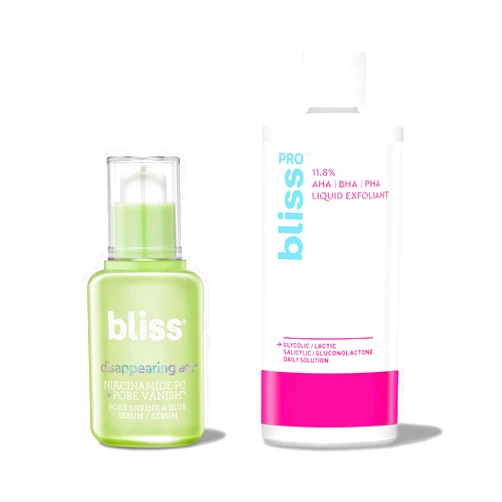 Bliss Daily Exfoliating and Pore Vanish Toner (2pc): BlissPro™ Liquid Exfoliant - Daily Exfoliating Treatment with 11.8% AHA, BHA, PHA Bliss Disappearing Act - Niacinamide PC Serum + Pore Vanish™
