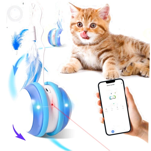 PKNOVEL Interactive Cat Ball Toy, APP Control Automatic Cat Toys with 3 Moving Modes, Smart Cat Feather Toys with LED Light, Rechargeable Fun Cat Toys Gift for Indoor Cats, Kitten, Small Dogs