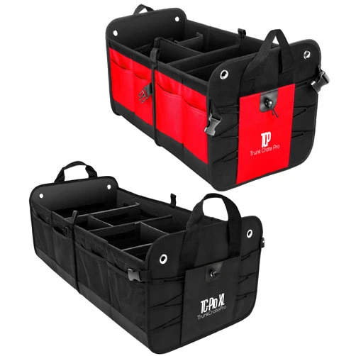 TRUNKCRATEPRO Save 15 per cent off bundle of 2 collapsible portable multi compartments trunk organizer (1 XL Black and 1 regular red organizer)