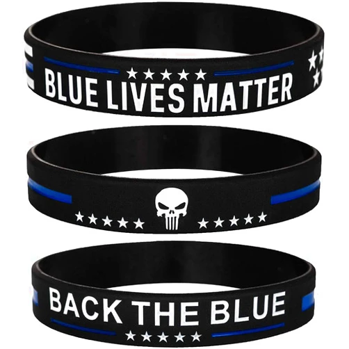 JOLLYINSPIRE Blue Lives Matter Thin Blue Line American Flag Bracelets with Skull - Back The Blue Police Silicone Rubber Wristband Band Set - Support Law Enforcement Gifts for Police Cops, Men Women