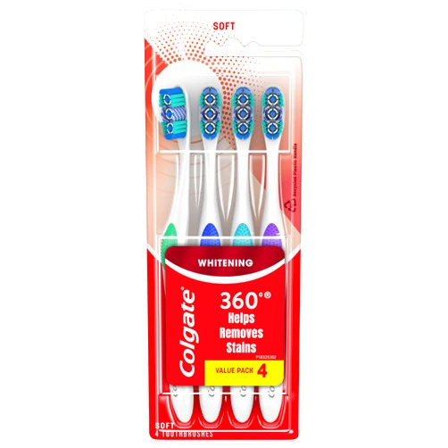 Colgate 360 Optic White Whitening Toothbrush, Adult Soft Toothbrush with Whitening Cups, Helps Whiten Teeth and Removes Odor Causing Bacteria, 4 Pack