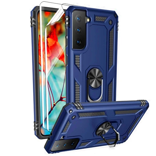 Androgate for Samsung Galaxy S21 5G Case with HD Screen Protectors, Military-Grade Metal Ring Holder Kickstand 15ft Drop Tested Shockproof Cover Case for Samsung Galaxy S21 Blue