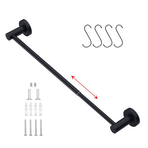 IMomwee Adjustable Matte Black Bath Towel Bars 16 to 27.6 Inch, iMomwee 304 Stainless Steel Single Towel Rack, Wall Mounted Towel Rail Holder for Bathroom Washroom, Retractable Towel Rod with S Hooks