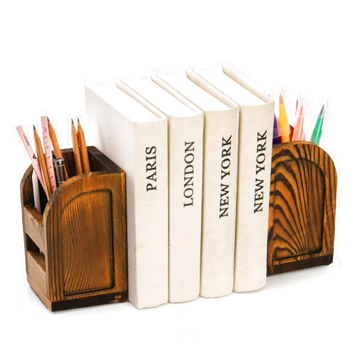 Nicunom 2 Pcs Bookends for Shelves, 2-in-1 Wooden Bookend with Desk Supply Holds, Non-Skid Book Ends Book Stopper, Sturdy Book Holder Organizer Decorative Bookends for Home Office