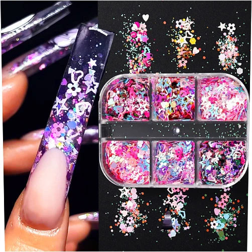 Fcozpjk Holographic Nail Art Glitter Kits, 6 Grids 3D Shining Nail Sequins for Nail Art, Hollow Star Heart Flower Flakes Acrylic Powder Dust Sequins Decoration Holographic Manicure Acrylic Nail Supplies