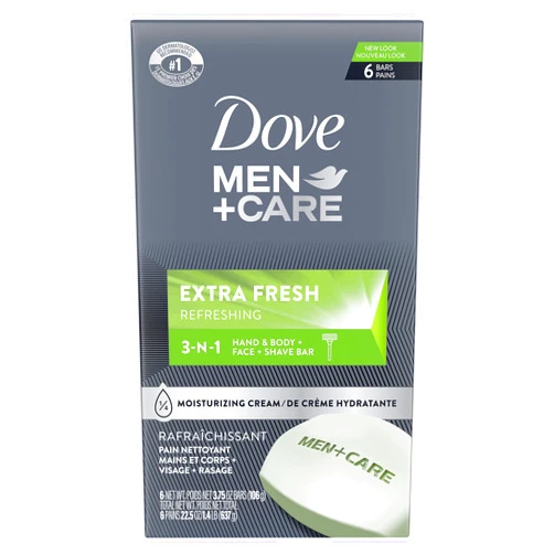 DOVE MEN + CARE 3 in 1 Cleanser for Body, Face, and Shaving to Clean and Hydrate Skin Extra Fresh Body and Facial Cleanser More Moisturizing Than Bar Soap 3.75 oz 6 Bars