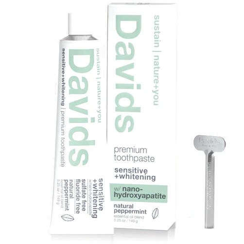 Davids Fluoride Free Nano Hydroxyapatite Toothpaste for Remineralizing Enamel & Sensitive Relief, Whitening, Antiplaque, SLS Free, Natural Peppermint, 5.25oz, Made in USA
