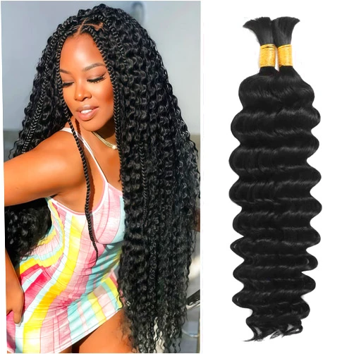 MOTFIN Human Braiding Hair for Boho Braids Human 70g 16 Inch Curly Boho Hair for Braiding Knotless 2A Deep Wave Bulk Bohemian 2 Bundles/Pack Natural Color