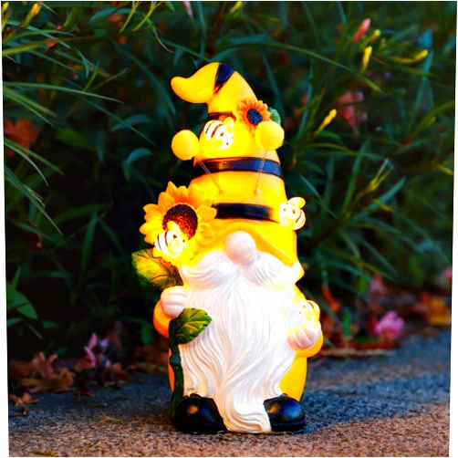 Ploxoiven Garden Figurines Gnome Statue Decorations - Solar Resin Spring Bee Gnome Figurine Solar Garden Lights Outdoor Decorations Waterproof for Patio,Yard,Lawn,