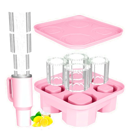 CCILAND Silicone Tumbler Ice Cube Tray, Large Ice Cube Mold for Tumbler Cup, Cylinder Ice Trays with Lid for 20-40Oz Tumblers, Drinks, Whiskey, Coffee, Easy Fill and Release Ice Maker (Pink)