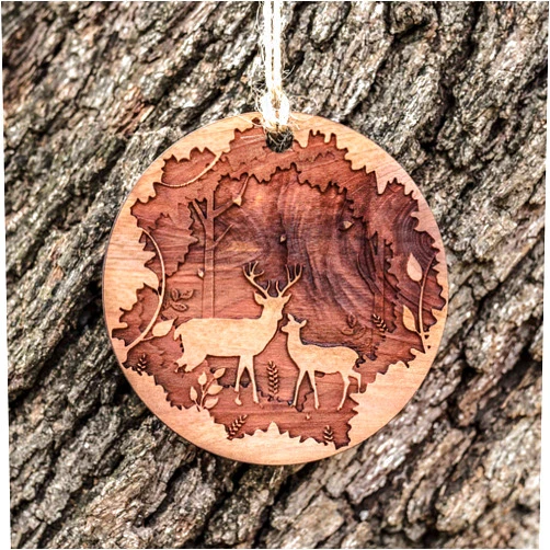Handmade Deer Couple - Raw Cedar Ornament 3x3in