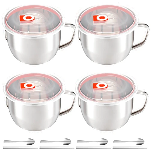 LemonRoad 12 Pcs Stainless Steel Ramen Noodle Bowl with Lid and Handle Set 50.7 oz Leak Proof Soup Snack Bowls Food Storage Container Bento Lunch Box with Spoon and Chopstick for Office College Dorm