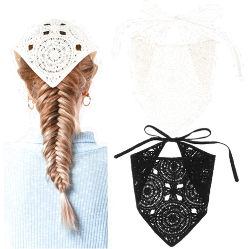 WY LIGHTING LEVEL 2 PCS Crochet Bandana for Women, Crochet Headband Knitted Triangle Head Hair Scarf Cute Crochet Headbands for Women Boho Knit Lace Floral Mushroom Bandana Headband for Girl Women (Beige, Black)