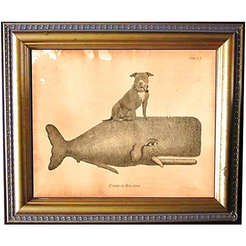 Handmade Brown Pitbull Dog Riding Whale Vintage Collage Semi-Matte Photo Print Tea Stained Background dog art dog gift for dog mom gift for her dog novelty gift wall decor art print