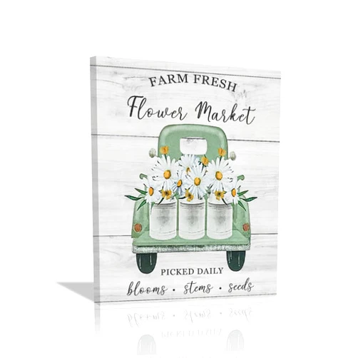 Wsradto Farmhouse Vintage Daisy Truck Wall Art Farm Floral Pickup Pictures Wall Decor Rustic Country Farm Flower Canvas Prints Painting Framed Artwork for Bathroom Bedroom Living Room Kitchen 12