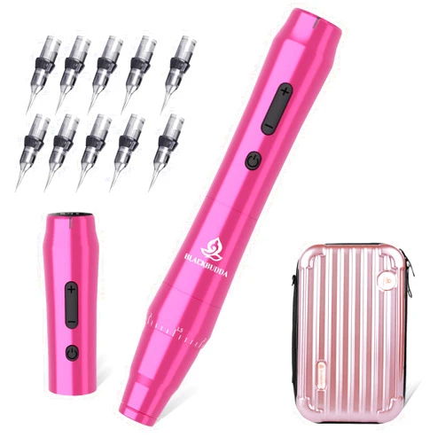 BLACKBUDDA PMU Machine with Display Screen, Rotary Permanent Makeup Machine kit Equipped 10pcs Needles Cartridge, Ink Cups & Spare Battey (Rose red)