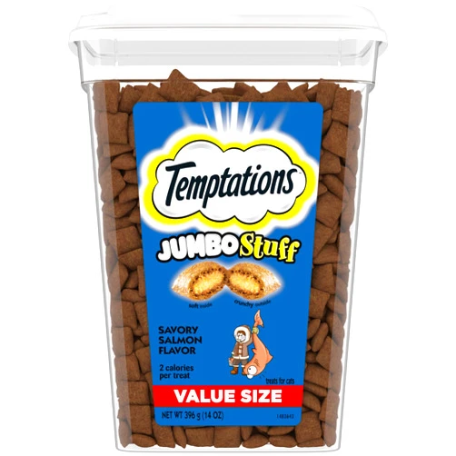 TEMPTATIONS Jumbo Stuff Crunchy and Soft Cat Treats, Savory Salmon Flavor, 14 oz. Tub