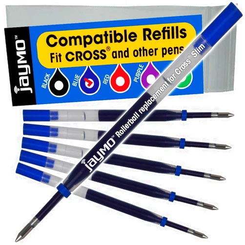 Jaymo Replacement for Cross Slim 8910-2 - Measures 4 in / 102 mm Long - Gel Rolling Ball Pen Refill - 6 Blue