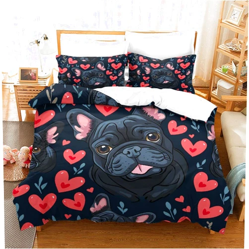 ERGTT French Bulldog Duvet Cover Comforter Covers Quilt Cover 3D Printed Animal for Boys Girls with Zipper Closure with Pillow Cases Soft Microfiber Bedding Set 3 Pieces Twin（173x218cm）