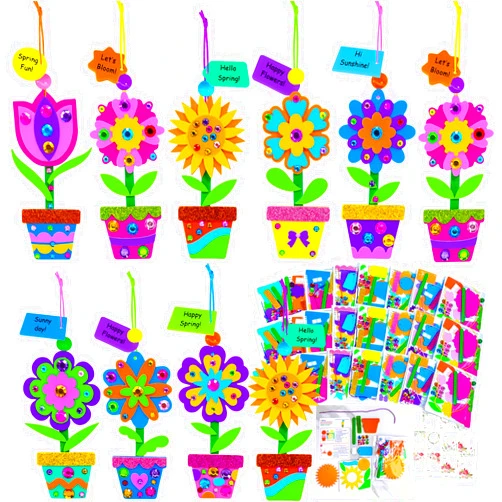 Winlyn 24 Sets Spring Potted Flower Craft Kits Kids Crafts DIY Potted Flower Ornaments Decorations Art Set Spring Flower Tulip Sunflower Stickers for Home Classroom Activities Party Favors