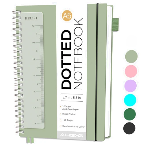 AHGXG Bullet Dotted Journal - Dot Grid Spiral Notebook A5, 160 Pages, 100 GSM Thick Paper, Waterproof Plastic Cover Journals for Bullet Journaling, Sketching, 5.7