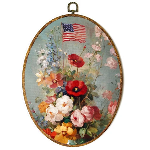 OINDADE 4th of July American Flag Flower Oval Wall Art Decor, Vintage Patriotic Floral Wall Art Hanging Decor, Cottagecore Flower American Flag Framed Canvas Artwork for Living Room, 8.8x11.5in