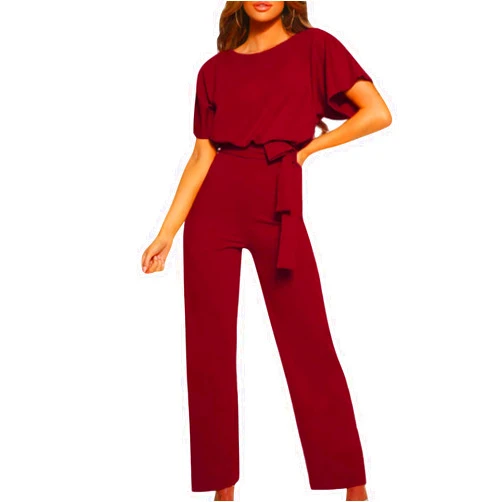 Lainuyoah Jumpsuits For Women Elegant Loose Short Sleeve Belted Wide Leg Pant Romper Crewneck Wedding Overalls Formal Outfits