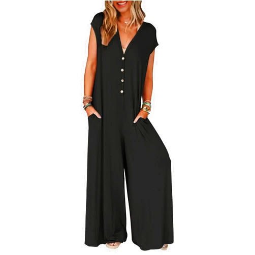 MEROKEETY Women's 2025 Summer Cap Sleeve Jumpsuits Deep V Neck Button Onesie Wide Leg Pants Rompers
