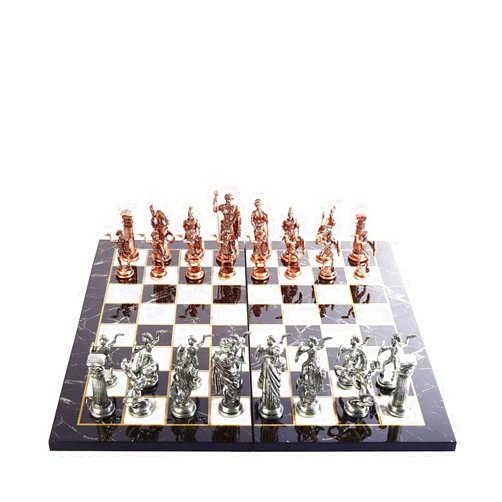 GiftHome Historical Antique Copper Rome Figures Metal Chess Set for Adults, Handmade Pieces and Marble Design Wood Chess Board King 4 inc