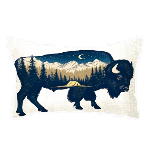 Rkouqak Throw Pillow Covers Buffalo Bull Mountain Magic Bison Double Exposure Animal Pillow Cases Cotton Linen Waist Lumbar Cushion Cover Sofa Home Decorative Rectangle 12x20 Inches