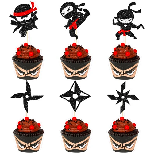 Ephlyn 24Pcs Ninja Cupcake Toppers Glitter Martial Arts Karate Kung Fu Warriors Cupcake Pick Decorations for Ninja Theme Baby Shower Kids Samurai Birthday Party Cake Decorations Supplies
