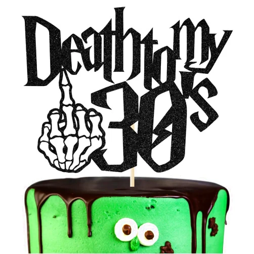 Hequoyer Black Glitter Death to My 30's Cake Topper,Rip Thirties/Kissing My 30's Goodbye Cake Décor, Happy 40th Birthday Party Decoration Supplies