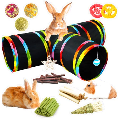 RUNANIA Bunny Tunnels, Collapsible 3 Way Hideout Guinea Pigs Tunnel and Tubes Rabbit Chew Toys for Rabbit Bunny Guinea Pigs Ferret Chinchilla Sugar Glider Hamster