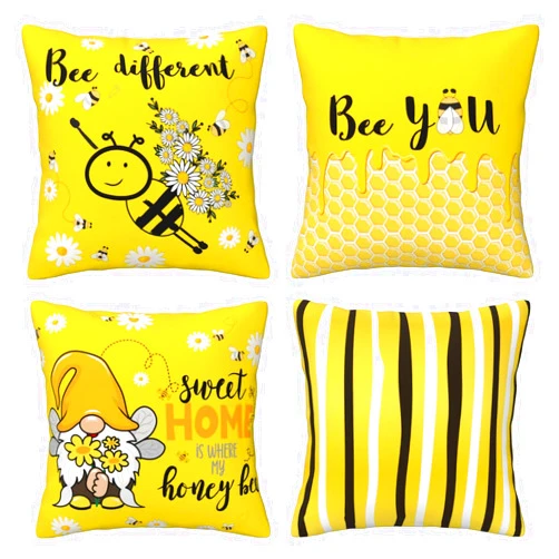 Yrassio Set of 4 Decorative Throw Pillow Covers 18x18 Inch for Couch, Cartoon Cute Bee Set Square Pillows Cover Case for Cushions Sofa Bed Cushion and Living Room Farmhouse Outdoor Decoration