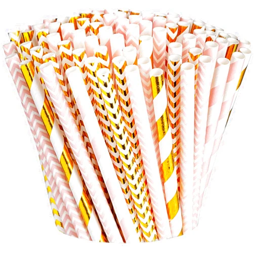 Comfy Package [200 Pack] Pink & Gold Paper Straws Disposable, 100% Biodegradable Multi-Pattern Party Straws For Birthday, Wedding and Holiday Decoration