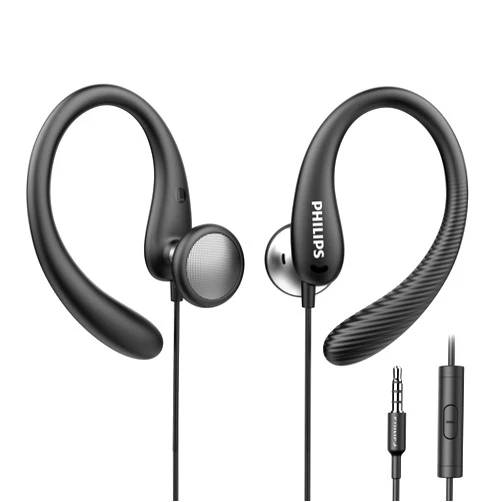 PHILIPS Over The Ear Earbuds, Flexible Wrap Around Earbuds, Around Ear Headphones with Mic Behind The Ear Headphones, Perfect for Sports, Running, Exercise, Gym (Black)
