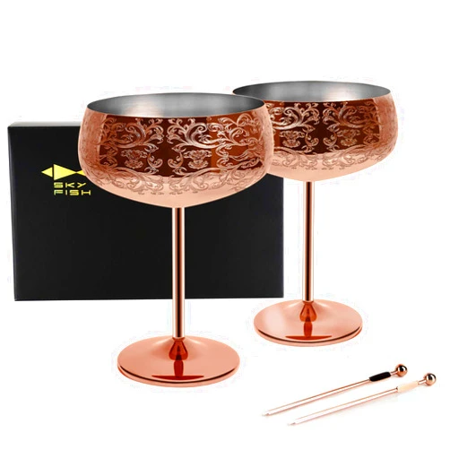Sky Fish 14 oz Etching Martini Cocktail Glasse,Copper Plated Stainless Steel,Set Of 2 With 2 Cocktail Picks