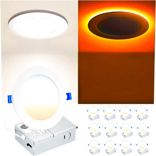 SEURON 12 Pack 6 Inch LED Recessed Ceiling Light with Night Light, 2700K/3000K/3500K/4000K/5000K 5CCT Selectable Ultra-Thin Recessed Light, 12W=110W, 1050LM LED Recessed Light Dimmable, ETL Listed