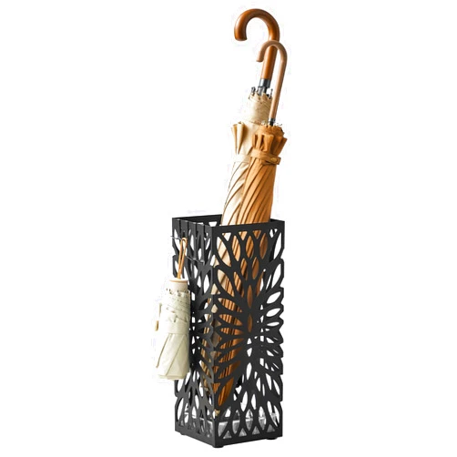 SONGMICS Umbrella Stand, Umbrella Holder for Entryway, Steel Square Umbrella Rack Organizer Freestanding, for Canes Walking Sticks, with a Detachable Drip Tray, 4 Hooks, Black ULUC026B33