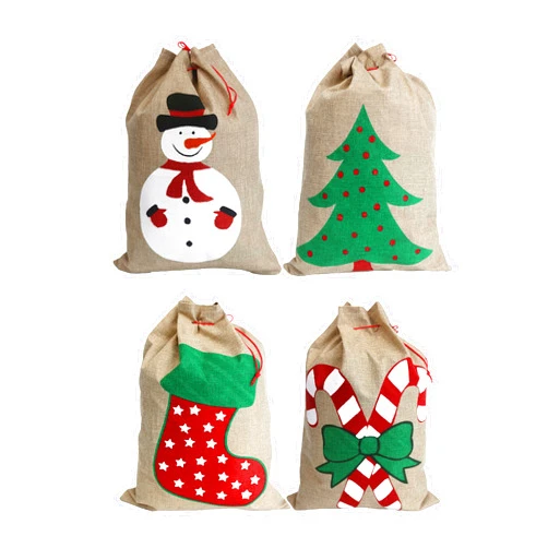 Hooin Christmas Sacks (13.8‘’ x 19.7‘’ /35x50cm Medium Size) – Pack of 4 Drawstring Goody Gift Bags for Christmas Treats 4 Designs Snowman Tree Boot Cane