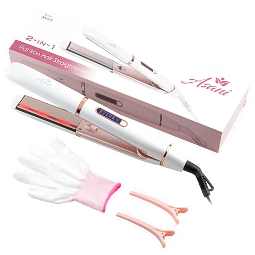 Asani 2-in-1 Flat Iron Hair Straightener and Curler - Negative Ion Technology, Anti-Frizz Ceramic Coating, 5 Heat Settings - Fast Heating Styling Tool for Versatile Looks - Portable