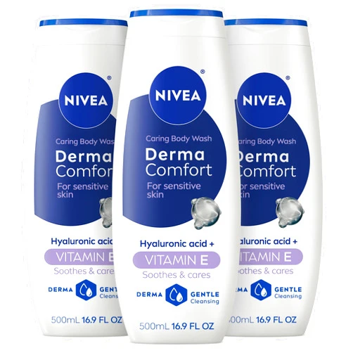 NIVEA Derma Comfort Caring Body Wash for Sensitive Skin, Body Wash with Hyaluronic Acid and Vitamin E, 16.9 Fl Oz Bottle, Pack of 3