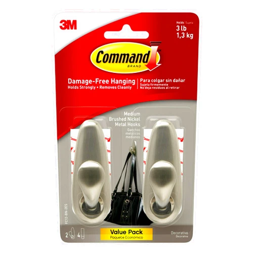 Command Medium Brushed Nickel Metal Hooks, 2 Hooks and 4 Command Strips, Damage Free Wall Hooks with Adhesive Strips, Forever Classic Hooks for Hanging Home Decor, Holds up to 3 lb