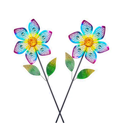 Venniy Wind Spinner with Metal Stake, Outdoor Garden Pinwheels Spinners Hollow-Out Flower Shape Design for Yard Lawn Patio Decor (2 Pack)