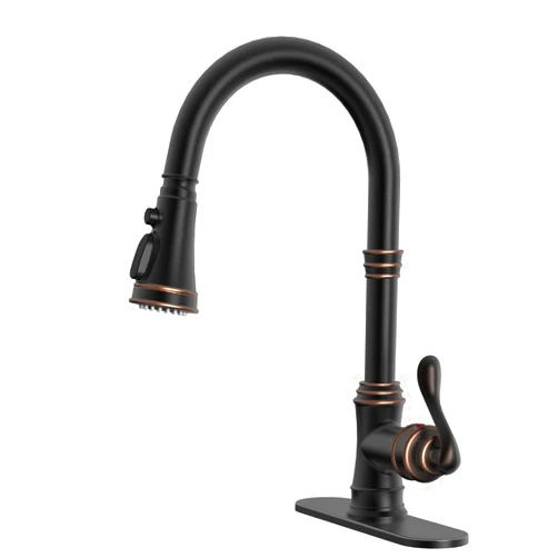 BWE Solid Brass Kitchen Faucet, Oil Rubbed Bronze Kitchen Sink Faucet with Pull Down Sprayer, 3 Spray Modes, Single Handle High Arc, with Deck Plate, Commercial/Farmhouse/Bar Sink Faucet