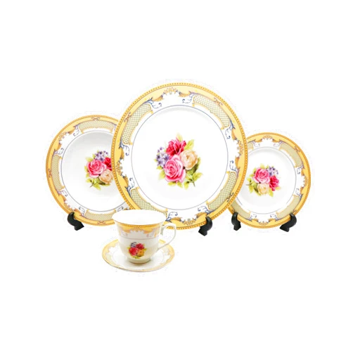 GIFTS PLAZA Royalty Porcelain 20-pc Dinner Set 'Pale Roses', Gold Plated Vintage Flower, Premium Dinnerware
