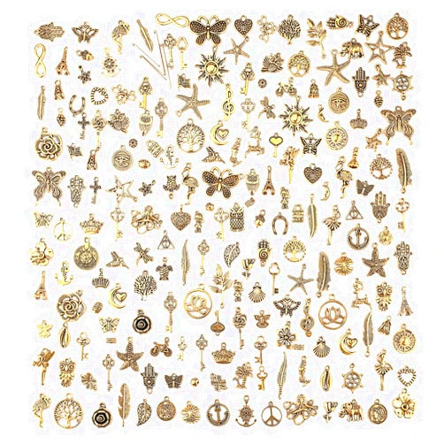 JIALEEY 200Pcs Tibetan Antique Gold Charm Mixed Pendants DIY for Bracelet Necklace Jewelry Making and Crafting