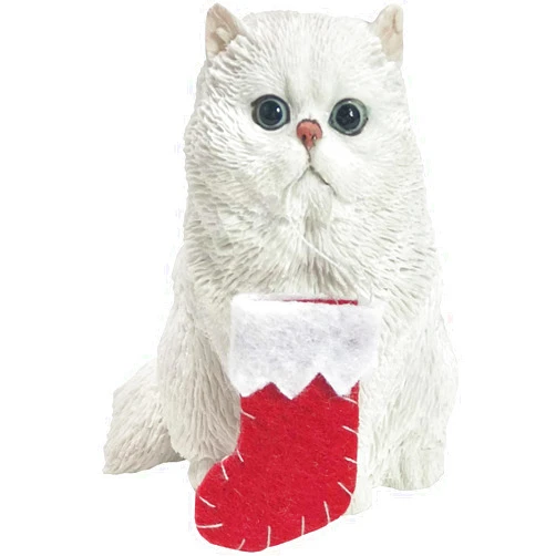 Sandicast White Persian Cat with Stocking Christmas Ornament